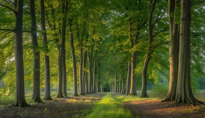 Obraz premium Stunning forest path with vibrant green trees and sunlight, perfect for serene getaway