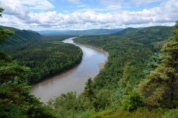 Serpentine river winding through lush verdant rainforest under a dramatic cloudy sky