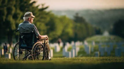 Senior Veteran in Wheelchair at Military Cemetery During Sunset