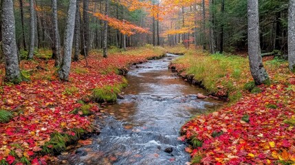 Autumnal creek flowing through colorful forest
