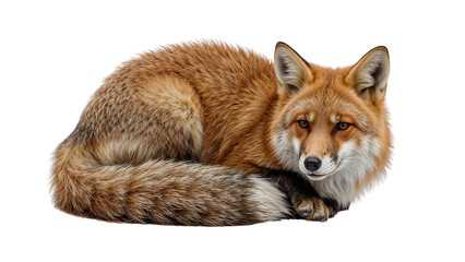 Fototapeta premium Red fox resting with fluffy tail curled, isolated on the transparent background wildlife mammal nature closeup