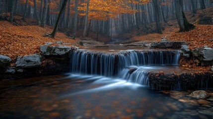 Autumnal forest stream cascading over stone steps