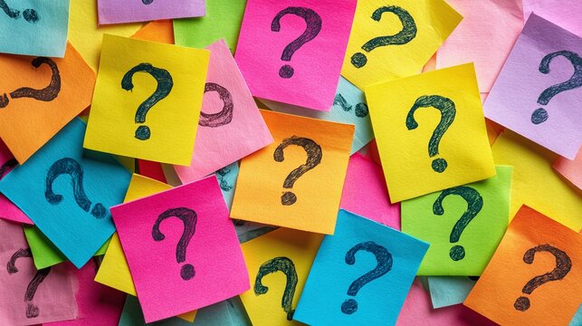 A colorful collection of sticky notes, each adorned with a question mark, creates a visually stimulating and thought-provoking abstract background. - Powered by Adobe