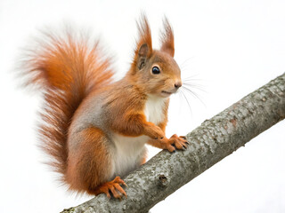 Obraz premium A european red squirrel perched on a tree branch against a bright white background in the daylight