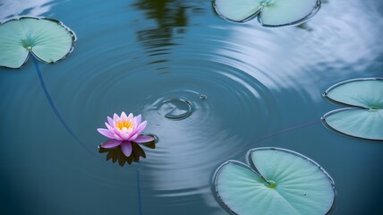 Serene water lily blossom floating peacefully among lily pads on a tranquil pond