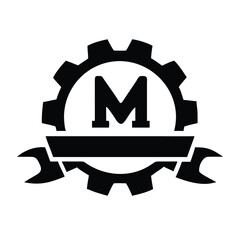 Industrial Letter M Woodcut Logo Template - Gear & Wrench Vector Emblem
