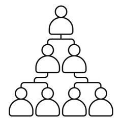 Minimal line art icon representing a business hierarchy chart with leader and team members. Business hierarchy chart. Corporate team structure. Pyramid leadership concept.