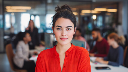 Fototapeta premium Portrait of a confident businesswoman in a modern office setting, colleagues visible in the background. She wears a bright red shirt and has a friendly expression.