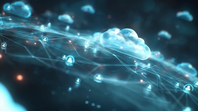 Digital Cloud Network: An abstract digital representation of interconnected cloud computing, with luminous lines and ethereal cloud shapes, representing modern data transfer. 