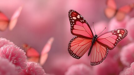 Naklejka premium Cartoon style vector illustration: Pink butterflies flying on pink and white gradient background with light effect and butterfly pattern border. High-resolution for wallpaper, digital designs,