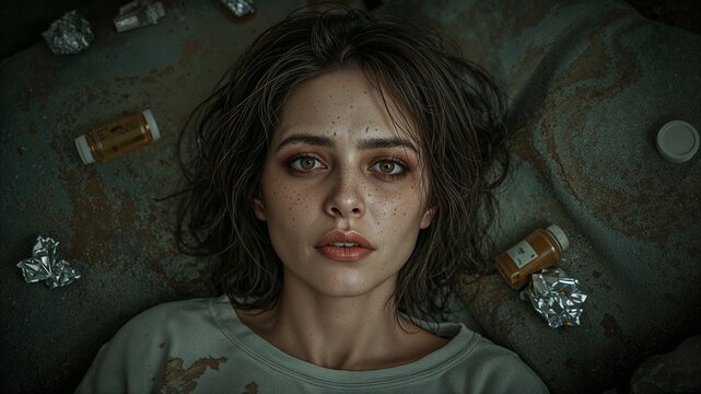 A dramatic and realistic portrait of a desperate woman lying down, surrounded by empty pill bottles
