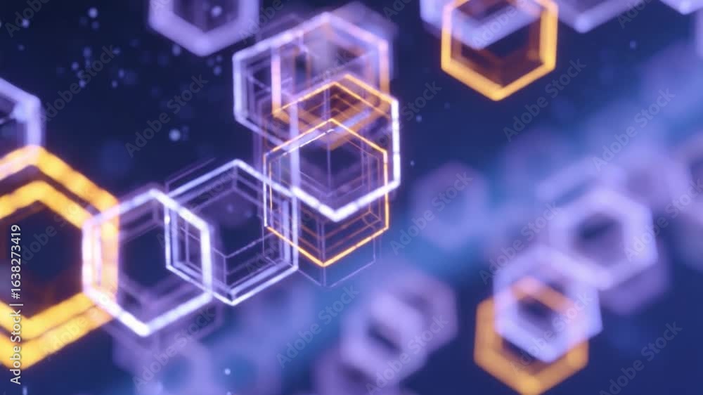 Poster cybernetic hexagons: a mesmerizing display of glowing, interconnected hexagonal shapes floating amid