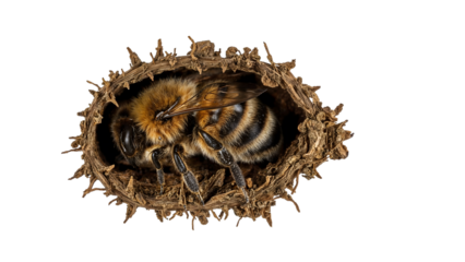 Closeup of solitary bee in nest tunnel on the transparent background highlighting conservation and pollinator diversity