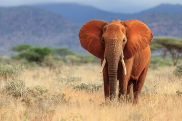 Obraz premium A reddish elephant stands in a field of dry grass mountains in the background ears flared