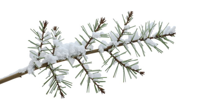 Pine branch covered with fresh snow isolated on the transparent background, winter nature, evergreen tree, frosty climate, seasonal detail