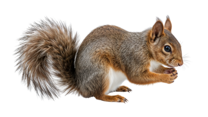 Red squirrel with fluffy tail isolated on the transparent background, closeup of adorable rodent holding nut in paws, wildlife mammal detail