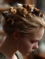 Naklejka premium Young Woman with Playful Kittens Gently Resting on Her Hair