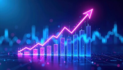 Fototapeta premium Neon graph with upward arrow on futuristic bar chart, symbolizing growth and progress in a digital landscape.