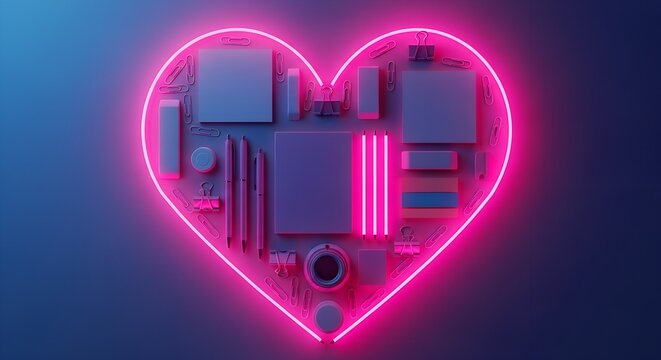 Neon Pink Heart with Modern Office Supplies and Tech Elements