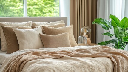 Beige bedroom with layered pillows and a window view