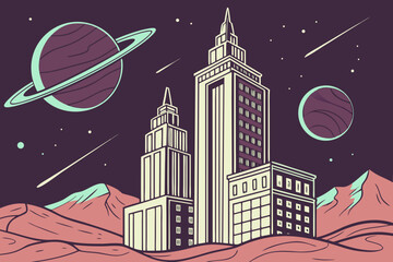 Tall transparent crystal skyscrapers on an asteroid, glowing neon lights, distant planets in background, cosmic dust clouds, clean geometric vector lines.