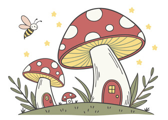 Oversized glowing mushrooms in vibrant colors, small whimsical wooden houses at their base, magical fireflies, soft mist, flat cartoon vector.