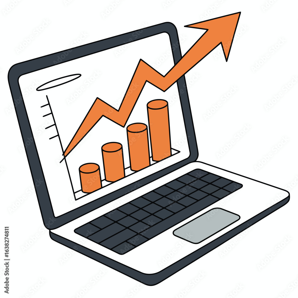 Poster laptop displaying rising orange bar graph and arrow computer technology