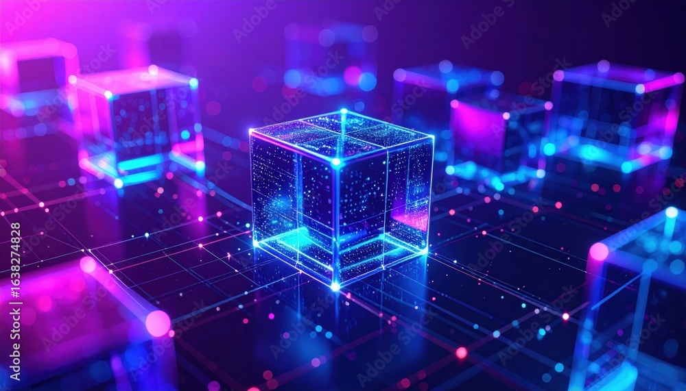 Poster futuristic digital blocks with glowing neon colors, representing advanced technology and data networ