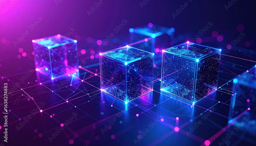Poster glowing transparent cubes connected by neon lines in a digital network on a dark background.