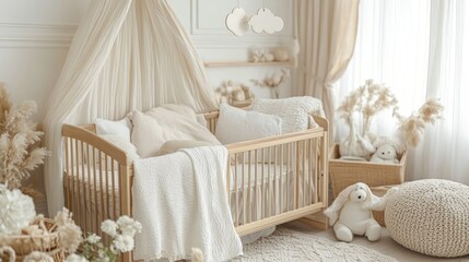 Beige nursery with crib, canopy, and decor