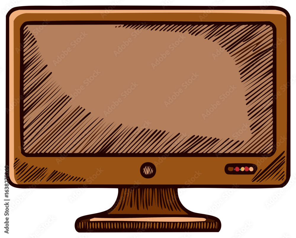Fototapete retro computer monitor with a brown casing and a blank screen rendered in a sketch style