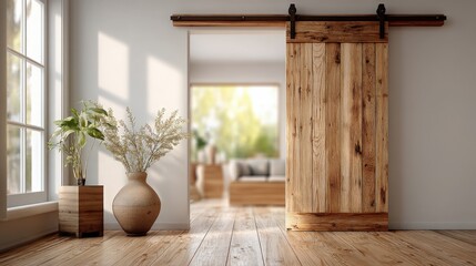 Interior View with Sliding Barn Door and Plants