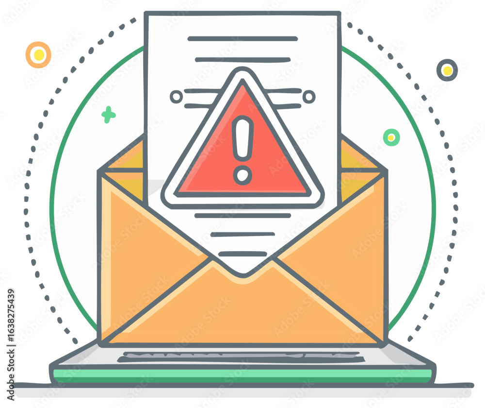 Poster digital mail alert showing a caution warning sign inside an open envelope on a computer