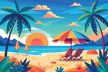 Obraz premium Illustration of a tropical beach with palm trees, chairs, and umbrella at sunset