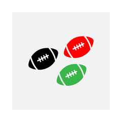 A set of soccer balls three stylized American footballs in black, red, and green, arranged...