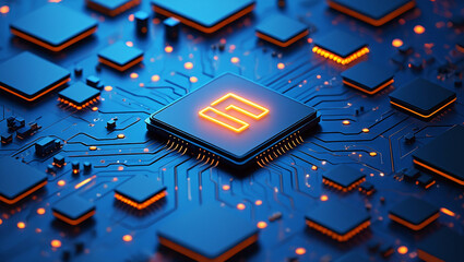 Detailed Close Up View of Futuristic Microchip Circuit Board with Glowing Orange Elements