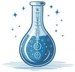 Volumetric Flask with Graduated Scale Holding Blue Liquid, Sparkling Stars Illustration