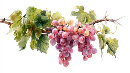Fototapeta premium Hand-painted watercolor illustration of wild grape cluster on branch with green leaves, detailed botanical style for packaging, kitchen decor, invitations, or food design, white background.