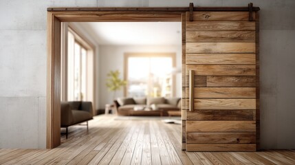 Naklejka premium Partially Open Wooden Sliding Door to Living Room