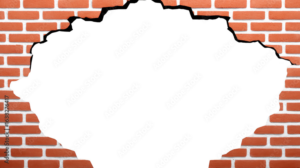 Poster Broken wall with jagged edge reveals dark void, surrounded by classic red brick pattern. contrast between rough texture of bricks and smoothness of hole creates striking visual effect