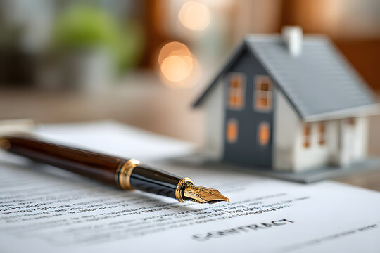 Real estate selling guide concept. Paperwork with a house model symbolizes real estate and home ownership concepts.