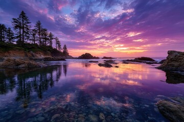 Fototapeta premium Vibrant sunset paints the sky with fiery oranges and deep purples reflecting on a serene coastal tide pool