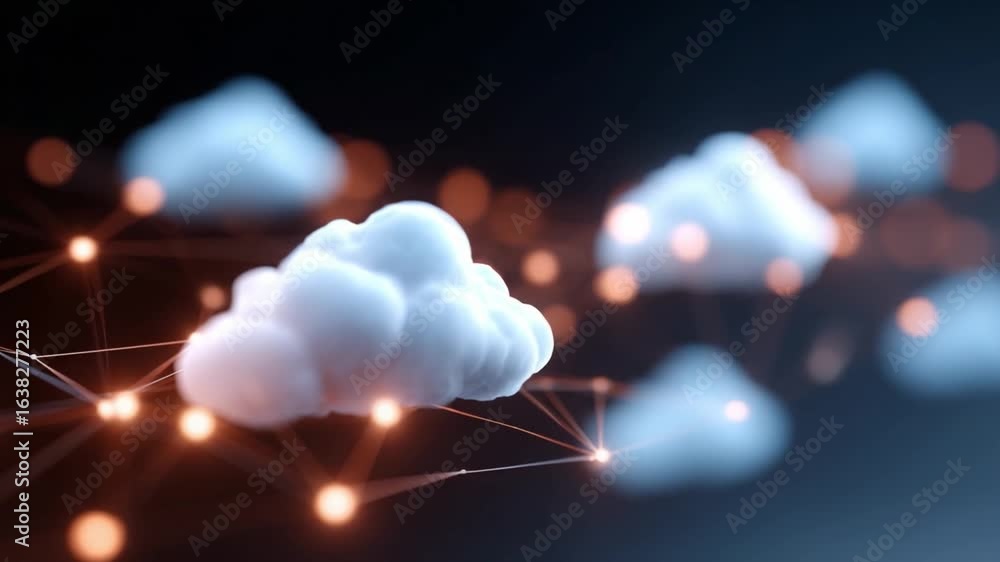 Poster cloud network: a visually compelling digital rendering of fluffy, interconnected clouds, representin