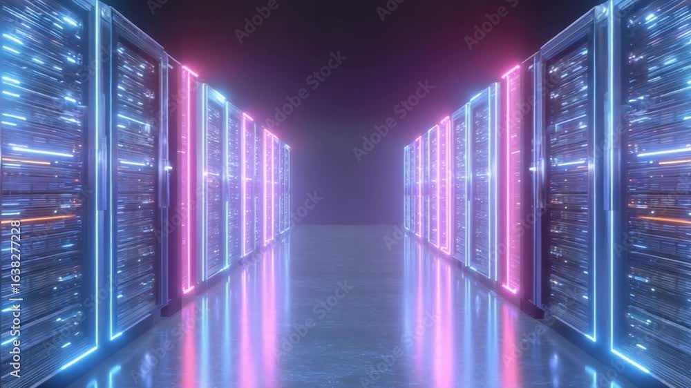 Poster cyber data haven: illuminated servers arranged in a precise, modern layout that embodies the advance