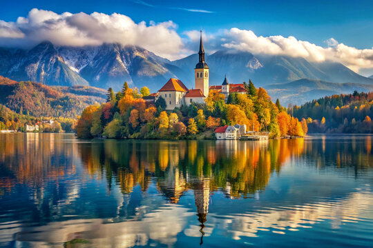 Bled lake with the church on the island in Slovenia
