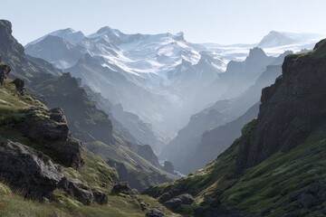 Fototapeta premium Misty mountain valley, rocky slopes, snow-capped peaks