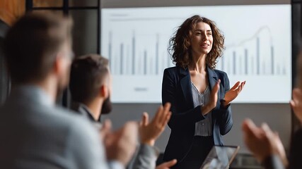 Professional businesswoman presenting financial data to engaged team in modern office setting with graphs and charts in background - Powered by Adobe