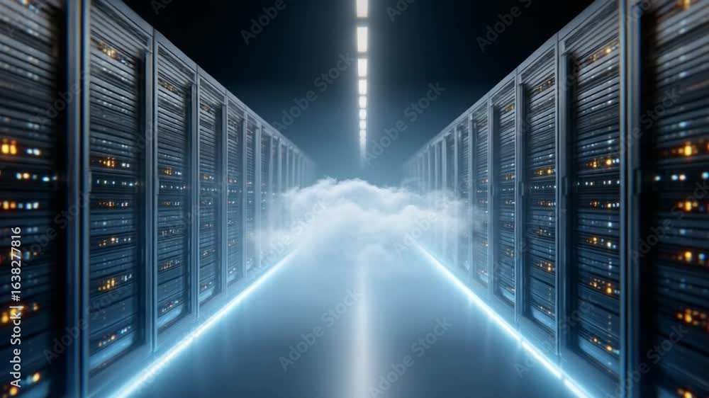 Poster server room: an illuminating view of a modern data center, showcasing a row of server racks that str