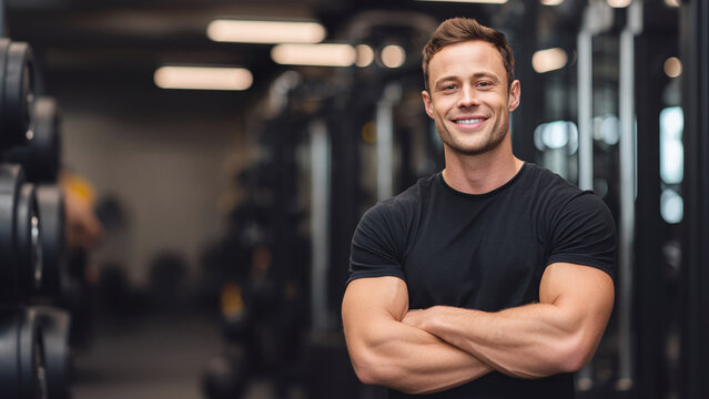 Confident fitness instructor with muscular arms in a gym setting. He is smiling, posing with crossed arms amidst workout equipment. A picture of health and wellness. - Powered by Adobe