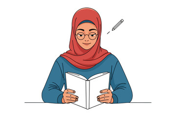Focused Reader: A young woman, adorned in a hijab and glasses, engrossed in the pages of a book, accompanied by a floating pen, ready to take notes and glean knowledge. 